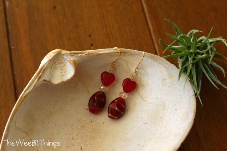 Red Dangle Earrings with Glass Heart bead and Pink Crystal Beads